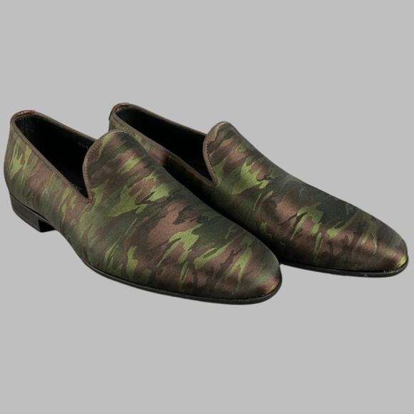 MAGNANNI Size 8 Brown Olive Camouflage Silk Slip On Loafers - Picture 1 of 7